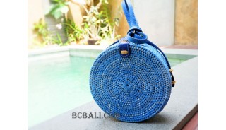 straw synthetic rattan circle bag blue color